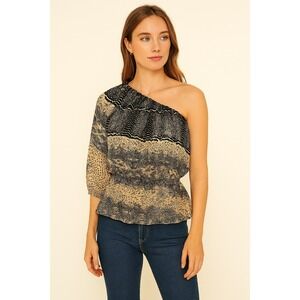 Grass Collection Womens One Shoulder Snakeskin Print Peplum Top Black Tan Size S